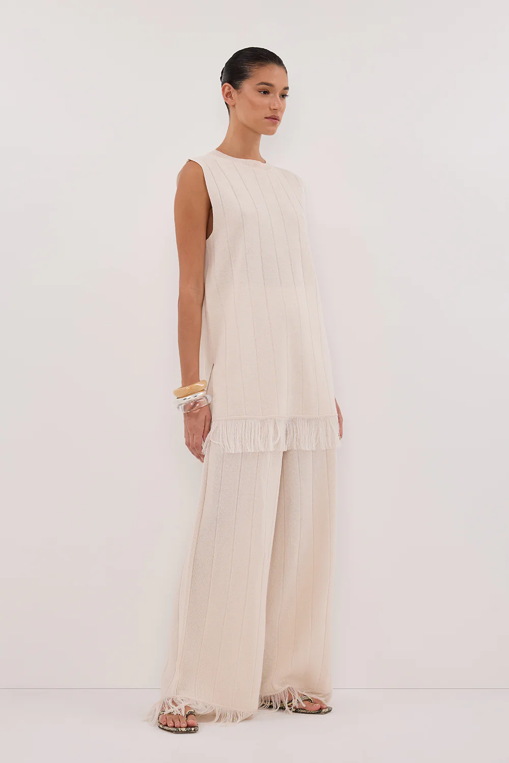 ARIA CREAM FRINGED KNIT PANT - Image 3